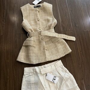 Zara Beige Tweed Vest and Cream pants  Set